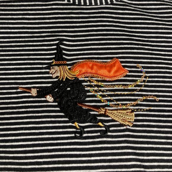 Halloween LS Tee Shirt Black and White Stripes Embroidered Flying Witch, Large - Picture 2 of 8